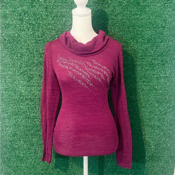 new directions Tops - New Directions Magenta Cowl Neck Sweater with Rhinestone Accents